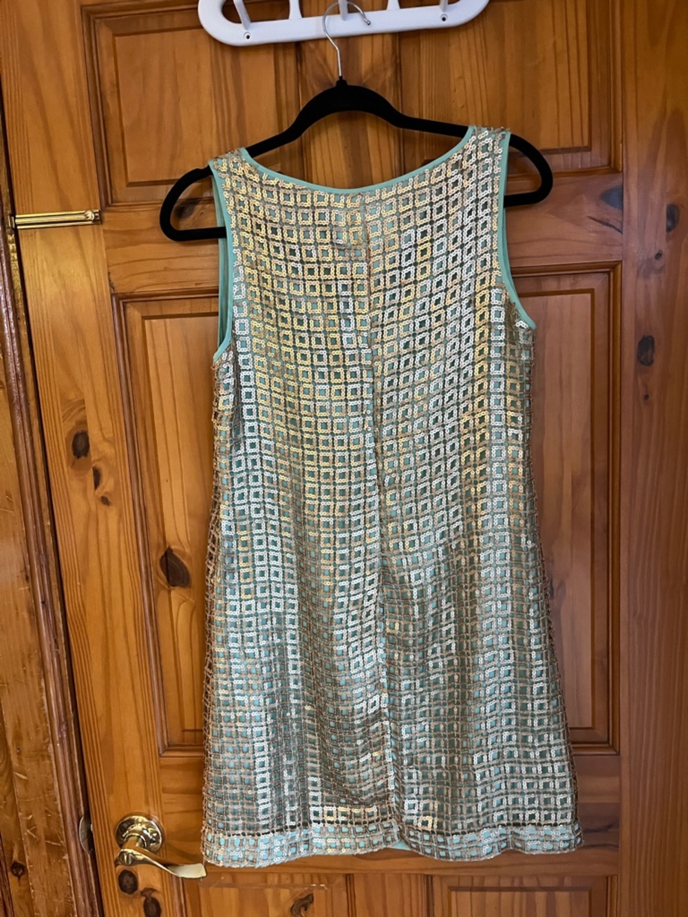 Anthropologie Mint and Gold Sequin Grid Shift Dress - Picture 2 of 3